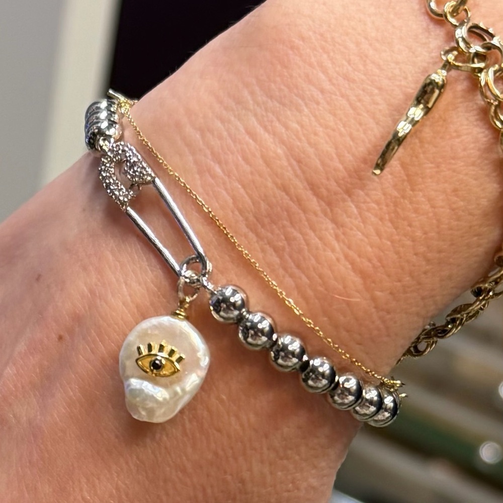 Silver Crystal Pearl Safety Pin Evil Eye Bracelet - Picture 2 of 3